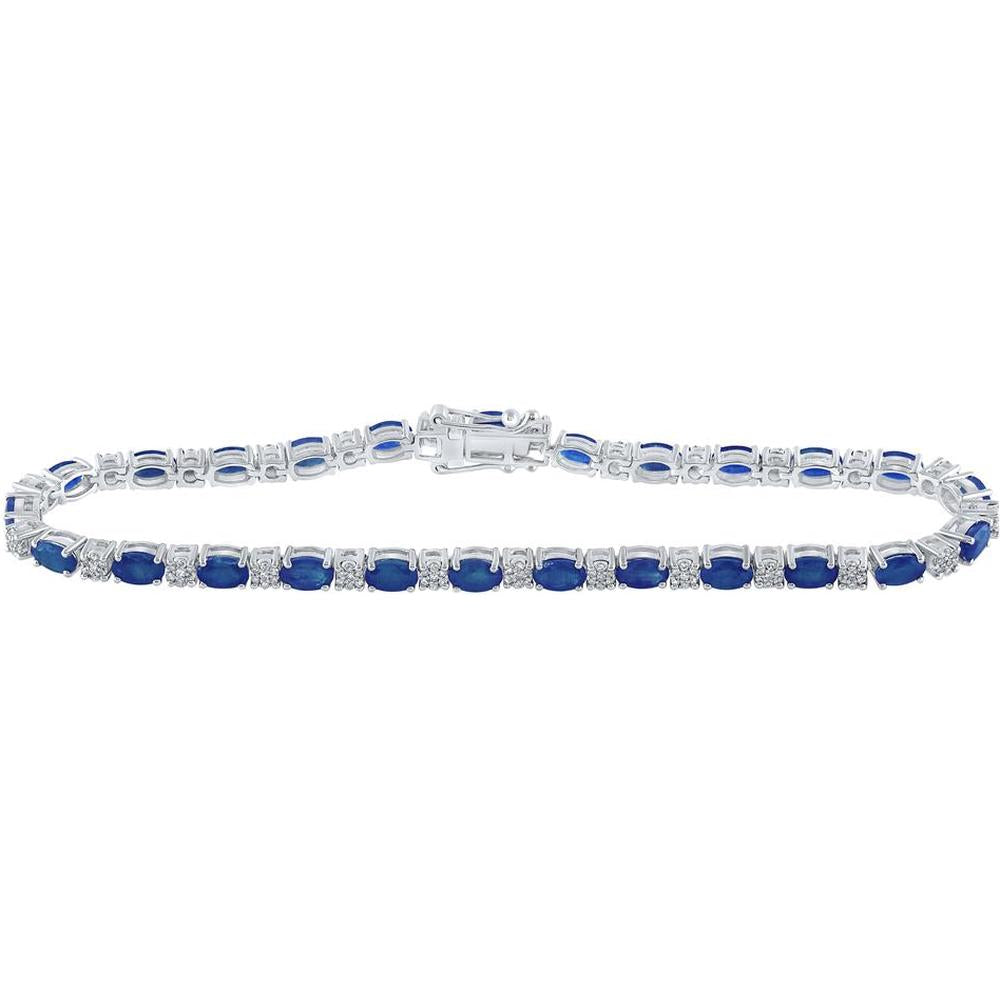 14K White Gold Oval Blue Sapphire Diamond Fashion Bracelet - 7.38 Carat Total Gemstone Weight