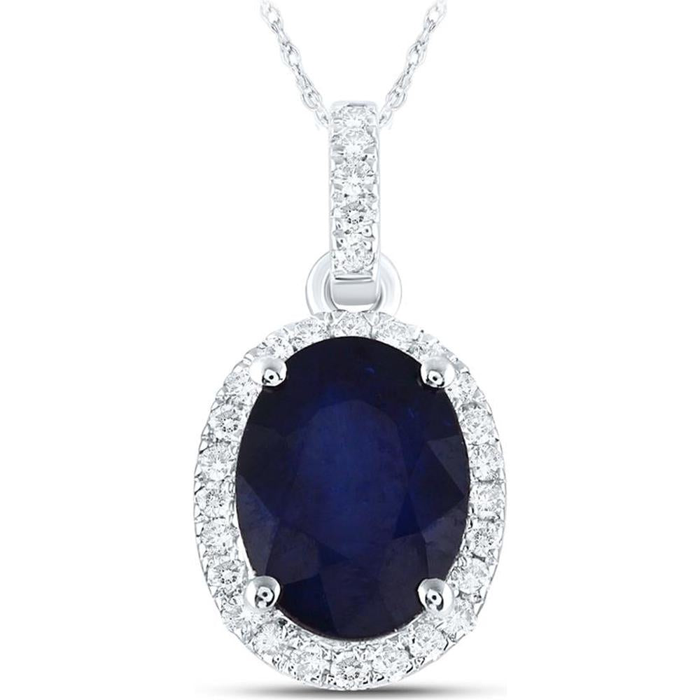 14K White Gold Oval Blue Sapphire Pendant with Pave-set Round Diamonds - 1.64 Carat Total Gemstone Weight