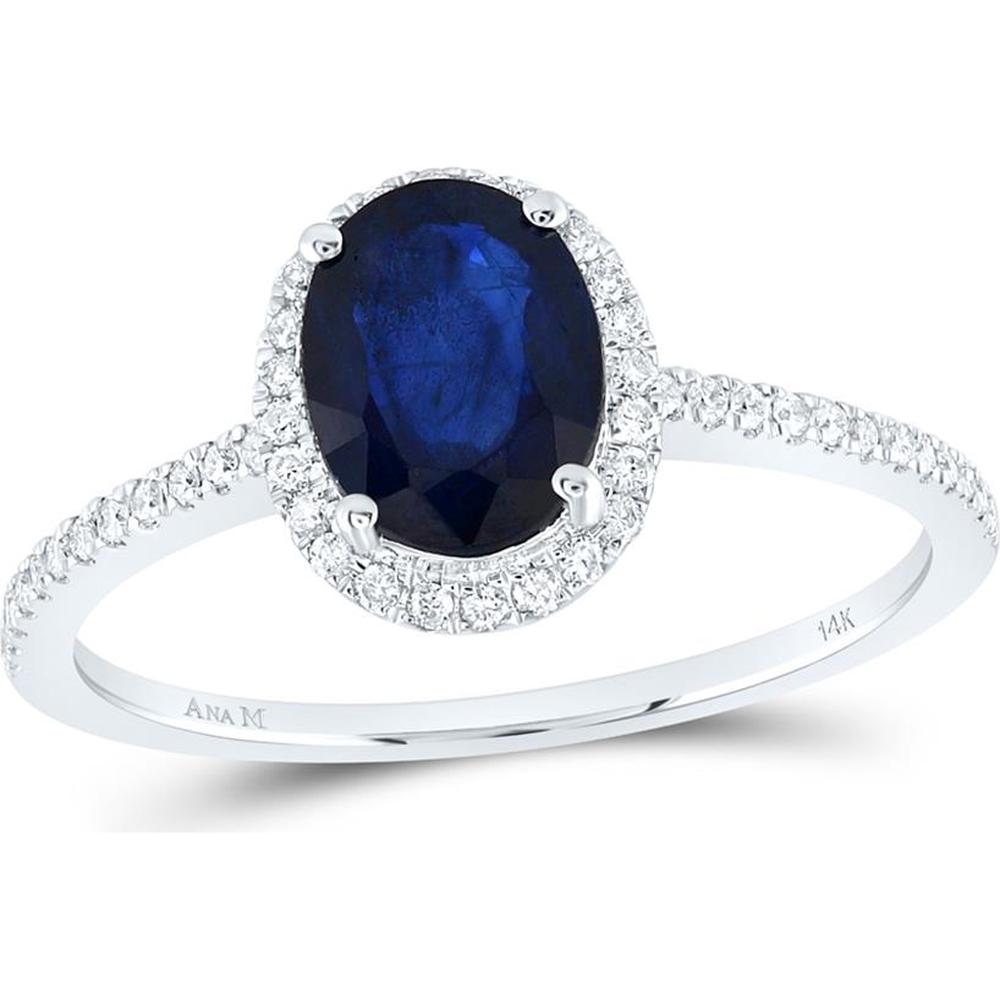 14K White Gold Oval Blue Sapphire Solitaire Diamond Halo Ring - 1.07 Carat Total Gemstone Weight