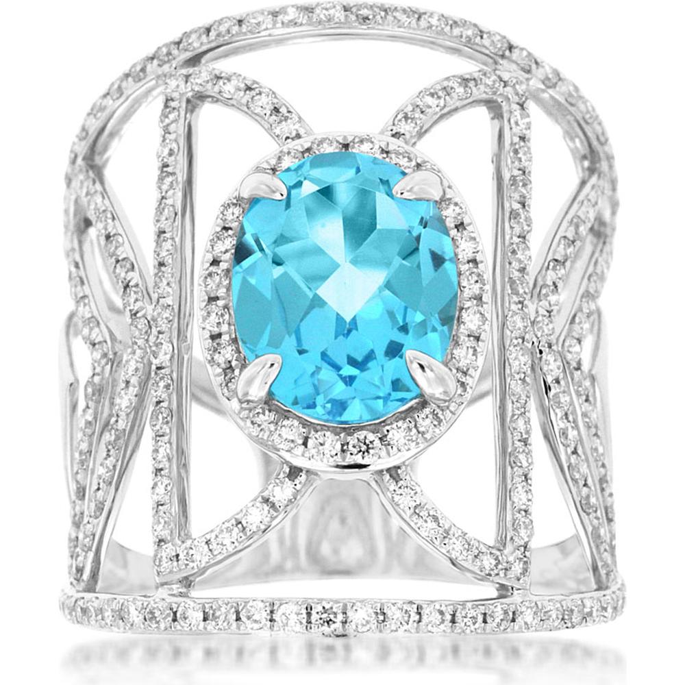 14K White Gold Oval Blue Topaz and Diamond Halo Openwork Ring - 3.20 Carat Blue Topaz, 1.05 Carat Total Diamond Weight - Royal Jewelry