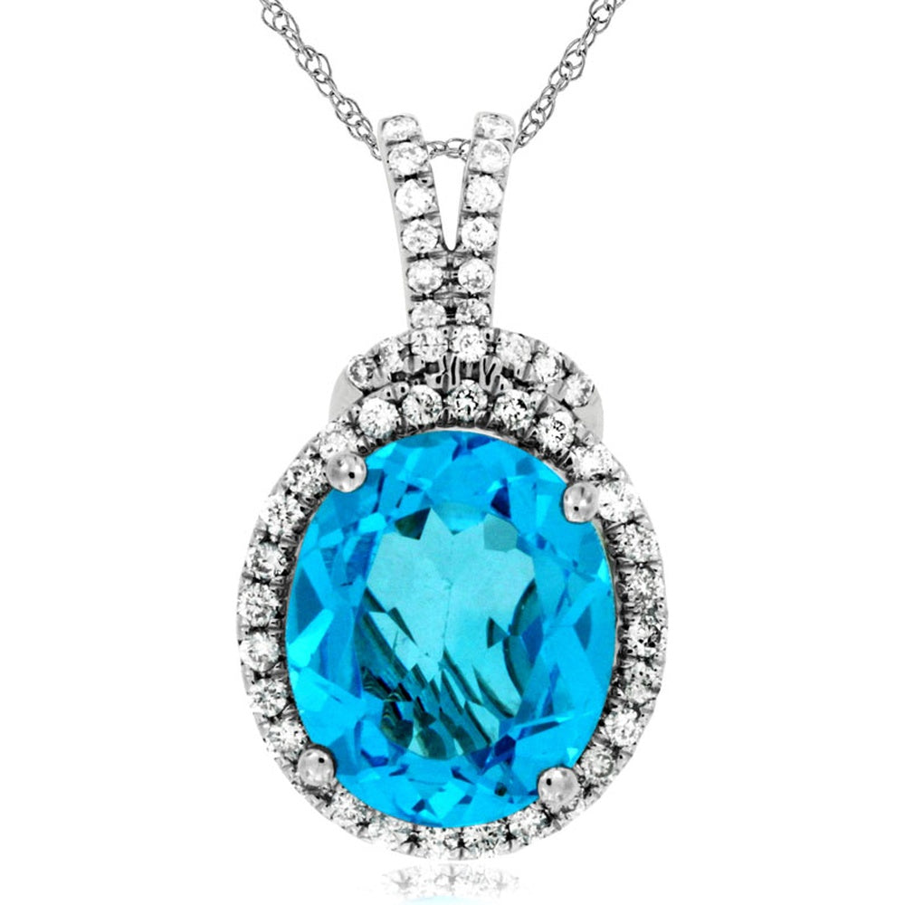 14K White Gold Oval Blue Topaz and Diamond Halo Pendant Necklace with Pavé Bail - 5.65 Carat Blue Topaz and 0.37 Carat Total Diamond Weight - Royal Jewelry