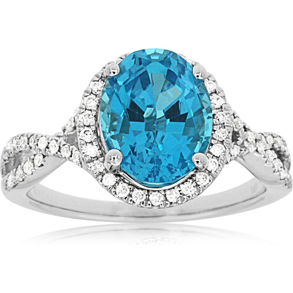 14K White Gold Oval Blue Topaz and Diamond Halo Ring with 3.25 Carat Blue Topaz and 0.30 Carat Total Diamond Weight - Royal Jewelry