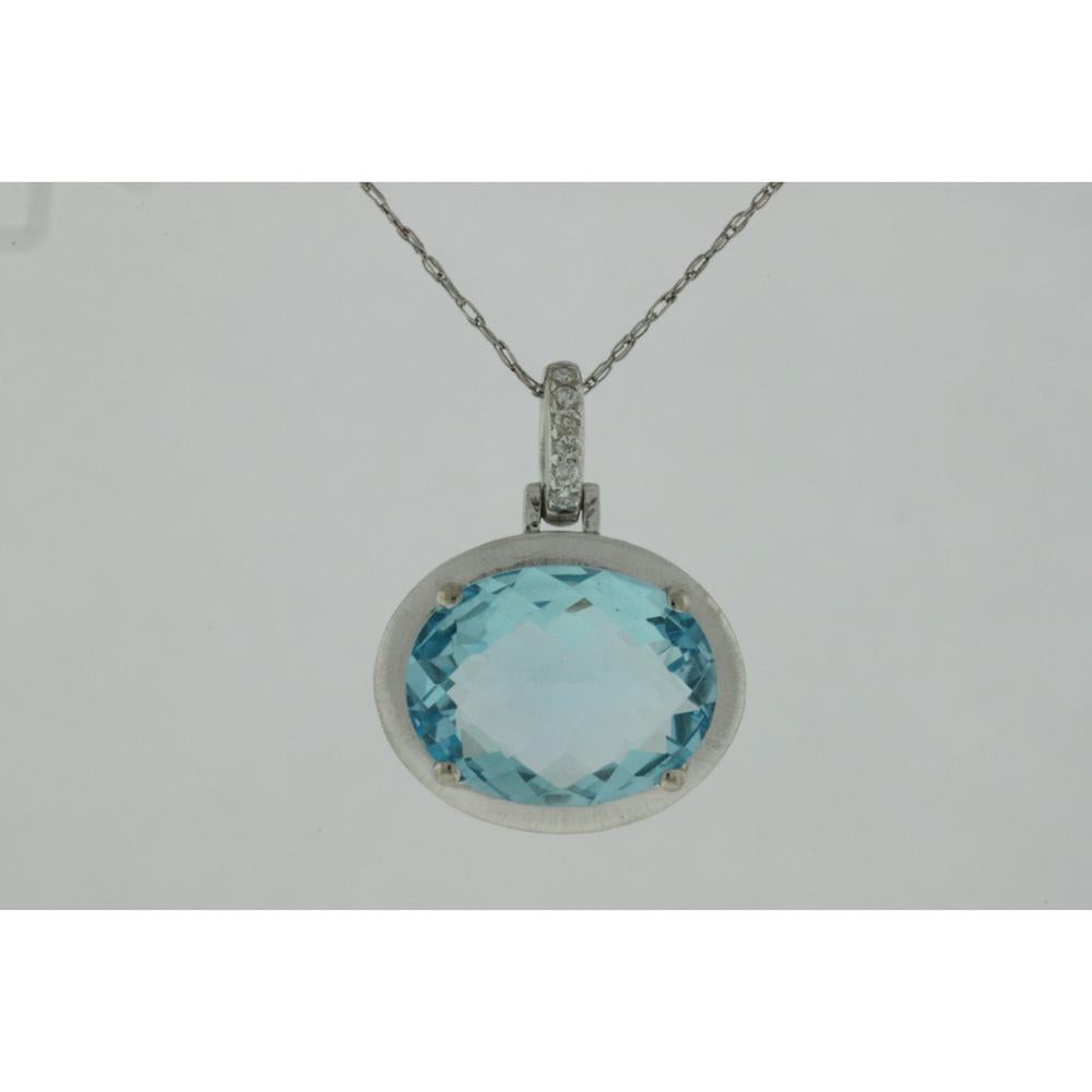 14K White Gold Oval Blue Topaz Pendant with Round Diamond Accent Bail - 6.30 Carat Blue Topaz and 0.03 Carat Total Diamond Weight - Royal Jewelry