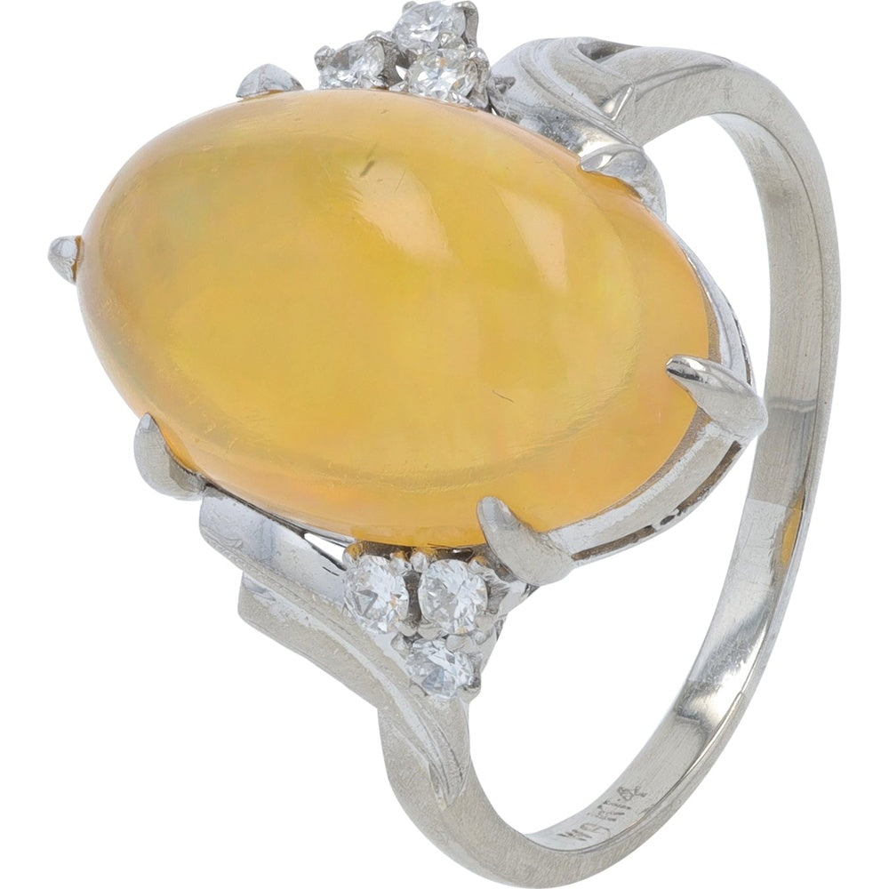 14K White Gold Oval Cabochon Fire Opal Ring with Diamond Accents - 4.75 Carat Total Opal Weight and 0.16 Carat Total Diamond Weight