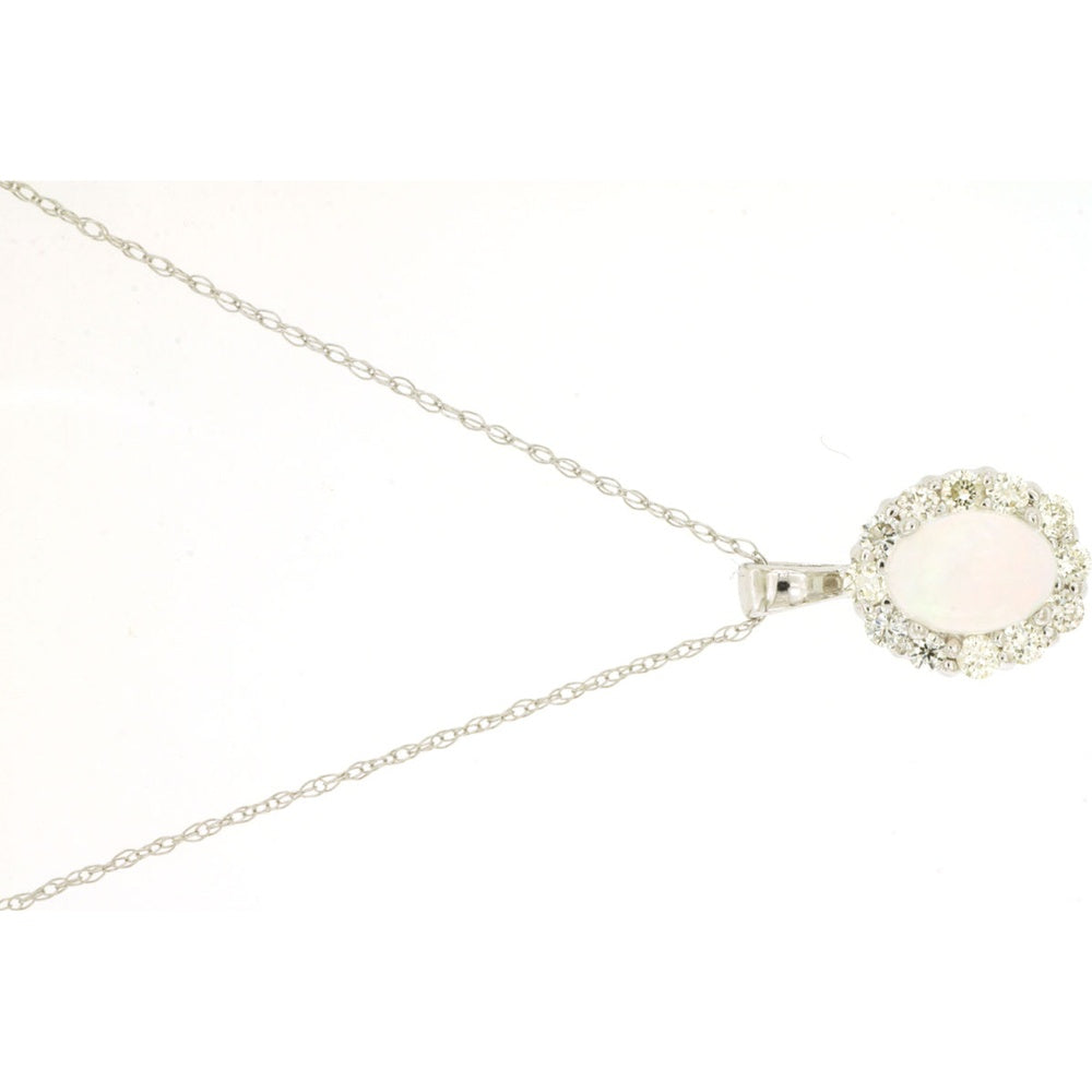 14K White Gold Oval Cabochon Opal and Diamond Halo Pendant Necklace - 0.50 Carat Opal and 0.30 Carat Total Diamond Weight - Royal Jewelry