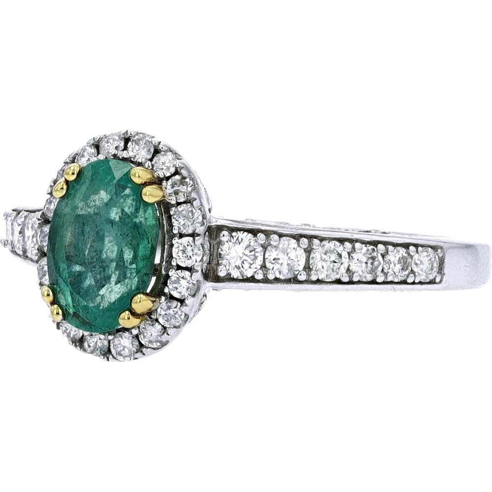14K White Gold Oval Center Emerald Ring with Diamond Halo - 0.90 Carat Emerald, 0.40 Carat Total Diamond Weight