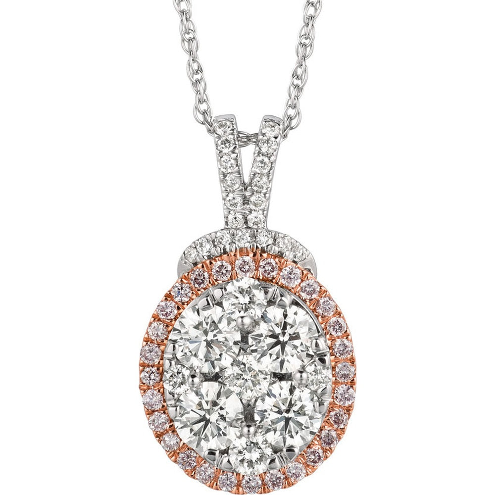14K White Gold Oval Cluster Pendant with Pavé Split Bale and Pink Diamond Halo - 1.65 Carat Total White Diamond Weight and 0.25 Carat Pink Diamond Accent - Royal Jewelry