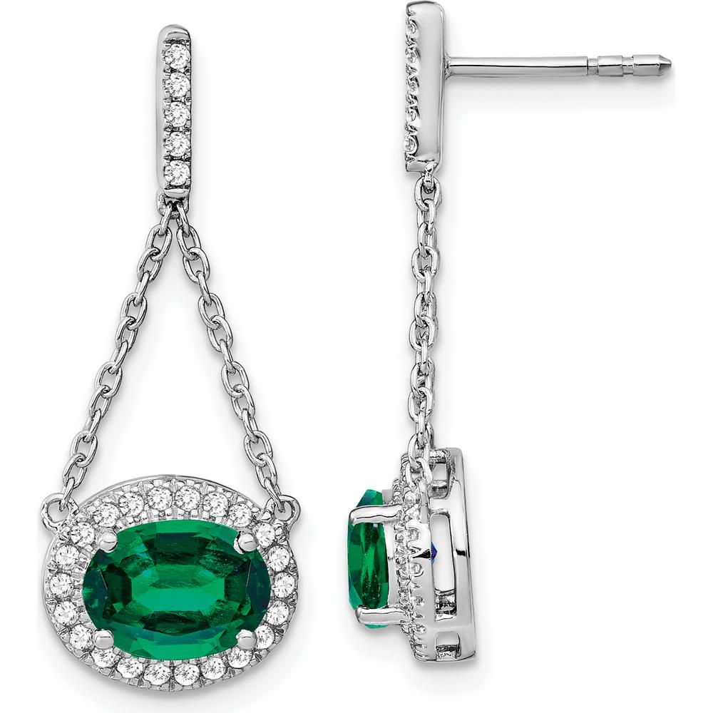 14K White Gold Oval Created Emerald and Diamond Dangle Earrings - 1.26 Carat Created Emerald and 0.006 Carat Diamond Weight Total by Monteluci Fine Jewelry