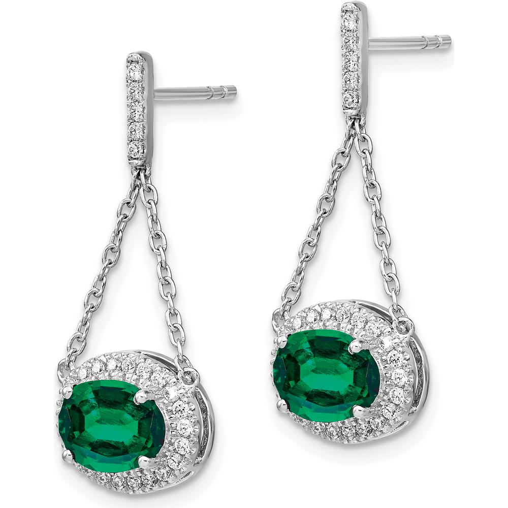 14K White Gold Oval Created Emerald and Diamond Dangle Earrings - 1.26 Carat Created Emerald and 0.006 Carat Diamond Weight Total by Monteluci Fine Jewelry
