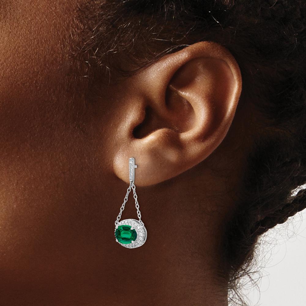 14K White Gold Oval Created Emerald and Diamond Dangle Earrings - 1.26 Carat Created Emerald and 0.006 Carat Diamond Weight Total by Monteluci Fine Jewelry