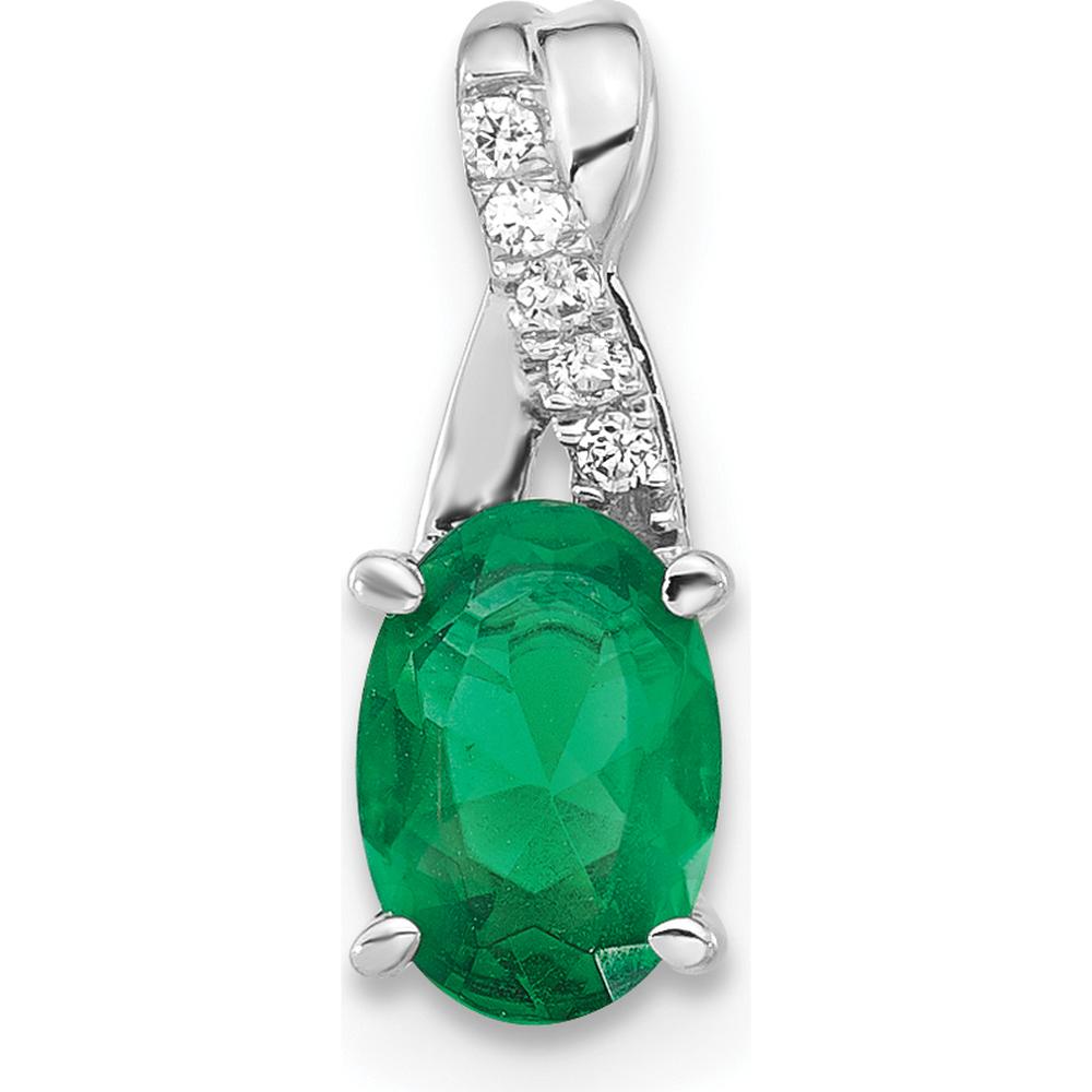 14K White Gold Oval Created Emerald and Diamond Pendant - 0.725 Carat Emerald & 0.006 Carat Diamond by Oro Pregiato