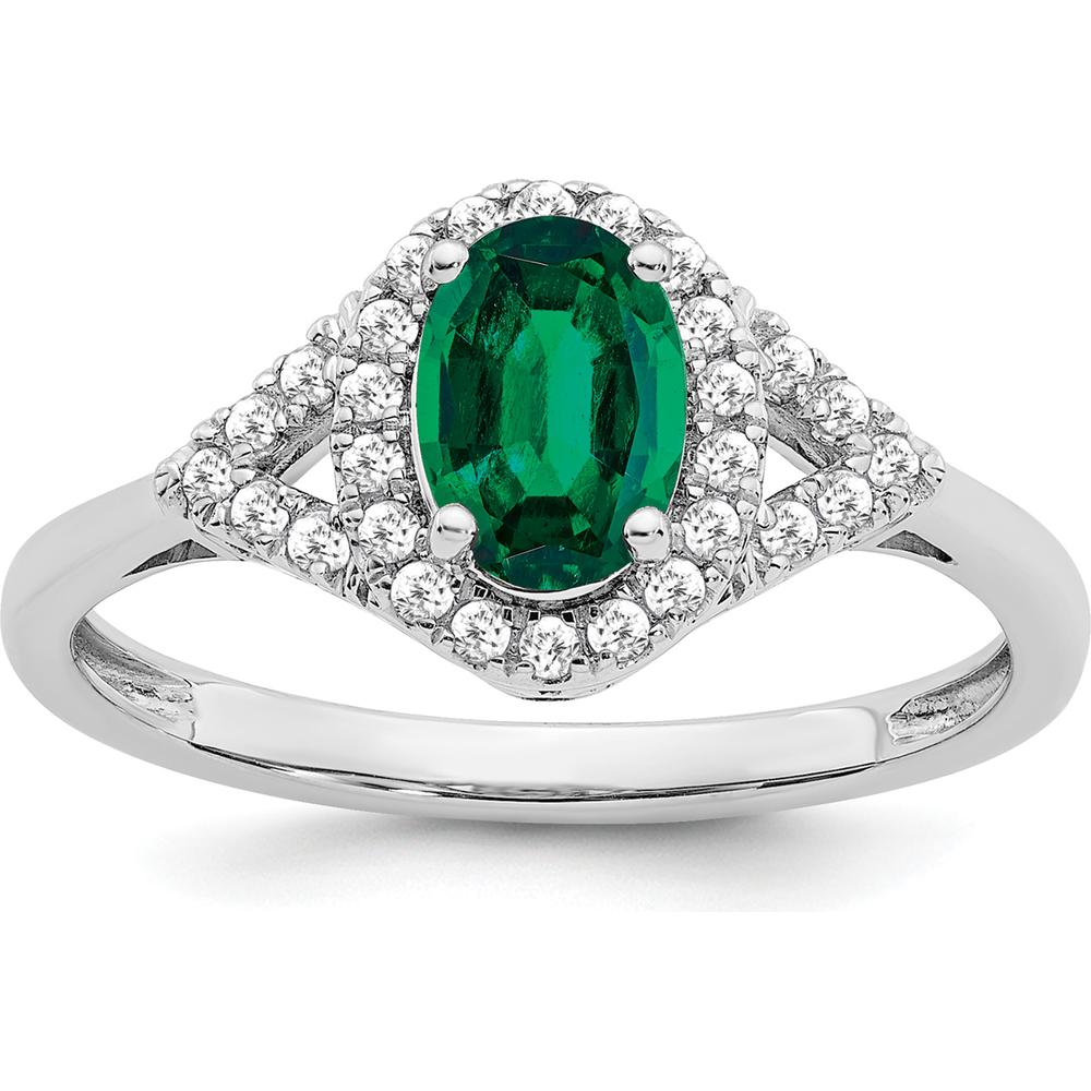 14K White Gold Oval Created Emerald and Diamond Ring - 0.87 Carat Total Emerald Weight by 0