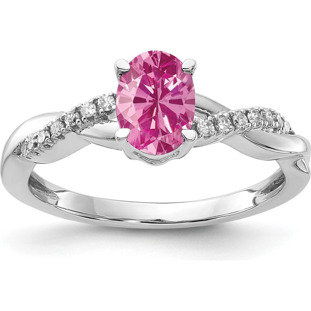14K White Gold Oval Created Pink Sapphire and Diamond Ring with 14 Round Diamonds - 0.006 Carat Total Diamond Weight by 0