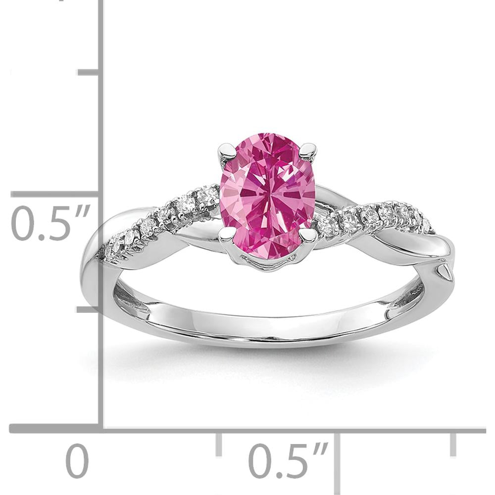 14K White Gold Oval Created Pink Sapphire and Diamond Ring with 14 Round Diamonds - 0.006 Carat Total Diamond Weight by 0