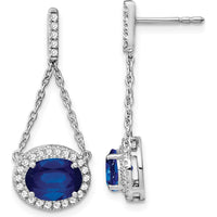 14K White Gold Oval Created Sapphire and Diamond Dangle Earrings - 1.55 Carat Total Sapphire Weight, 0.006 Carat Total Diamond Weight by Monteluci Fine Jewelry
