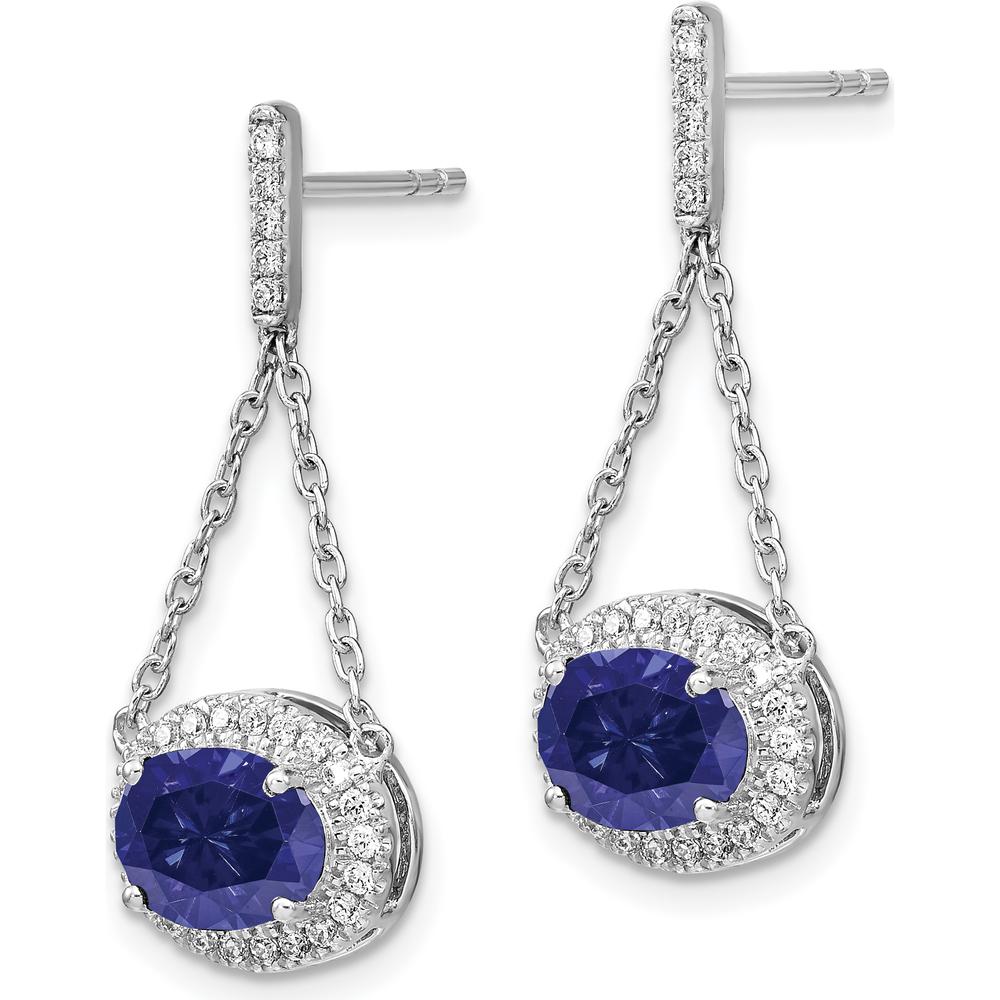 14K White Gold Oval Created Sapphire and Diamond Dangle Earrings - 1.55 Carat Total Sapphire Weight, 0.006 Carat Total Diamond Weight by Monteluci Fine Jewelry