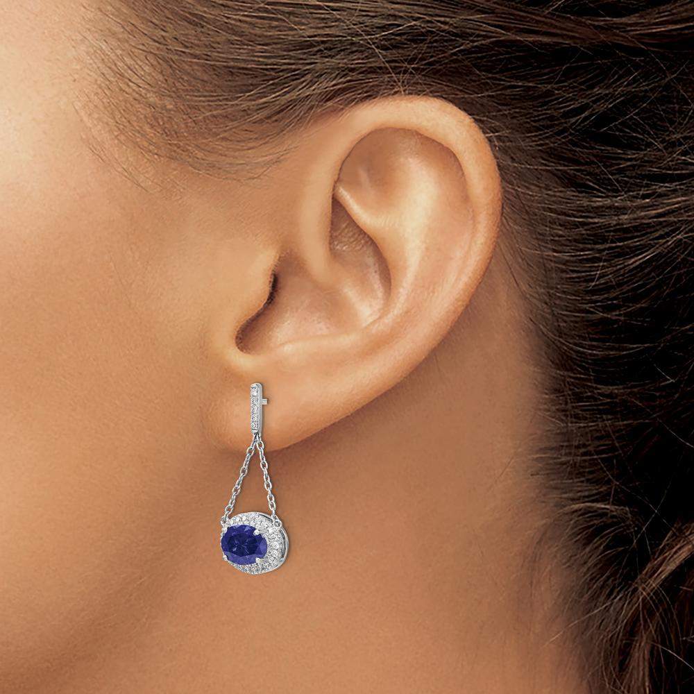 14K White Gold Oval Created Sapphire and Diamond Dangle Earrings - 1.55 Carat Total Sapphire Weight, 0.006 Carat Total Diamond Weight by Monteluci Fine Jewelry
