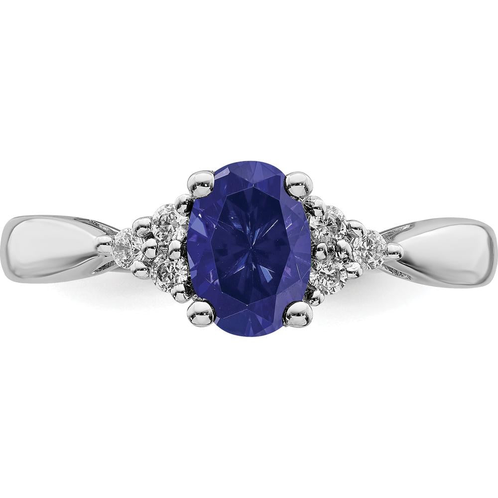 14K White Gold Oval Created Sapphire and Round Diamond Ring - 0.95 Carat Sapphire, 0.02 Carat Total Diamond Weight by 0