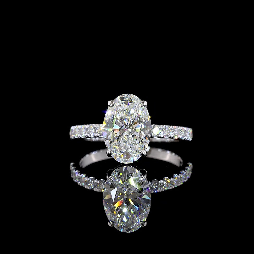14K White Gold Oval Cut 2.57 Carat Lab Diamond Solitaire Ring with Diamond Shank and Accent Brilliant Cut Stones - 2.98 Carat Total Diamond Weight, IGI Certified E VVS2 - Covaloro Fine Jewelry
