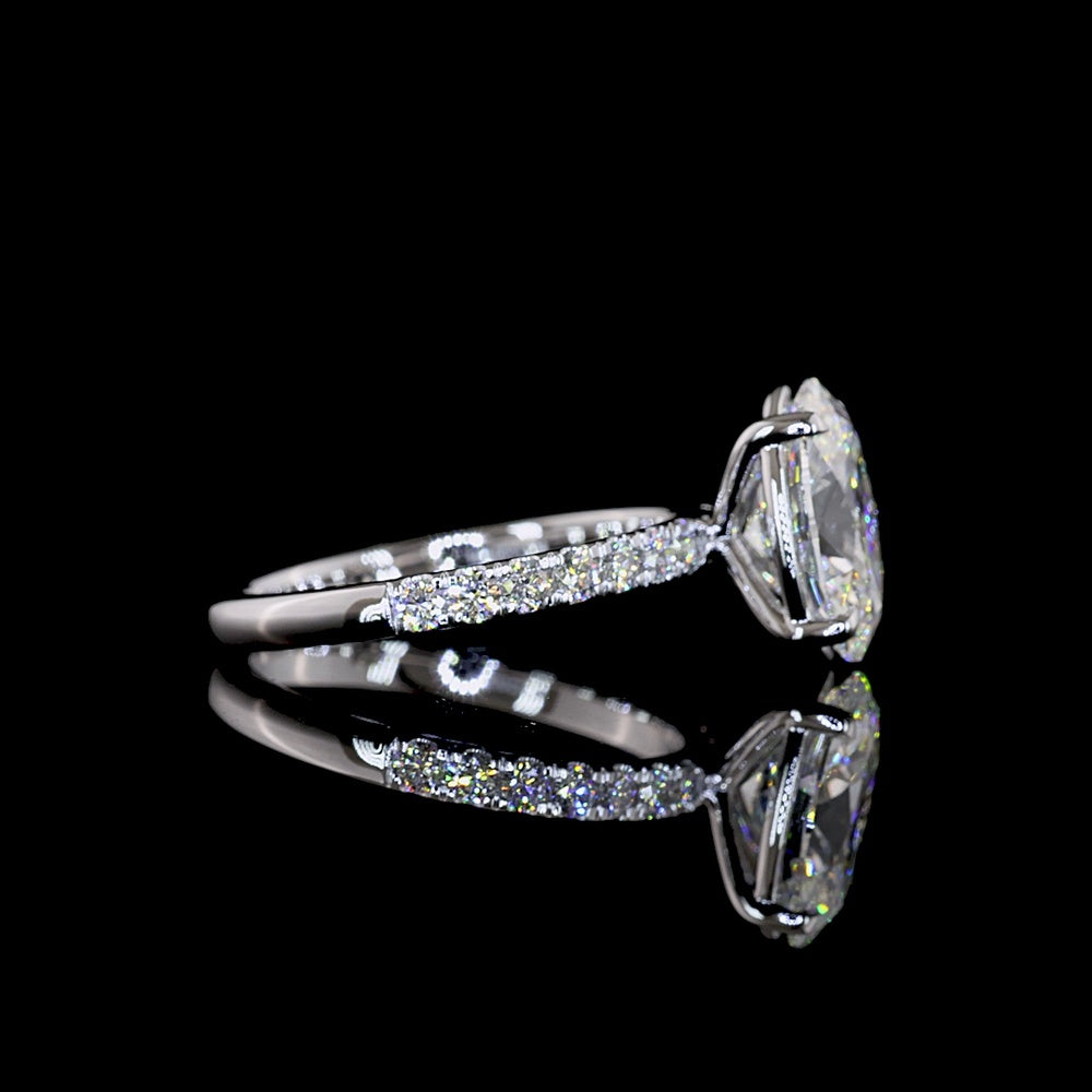 14K White Gold Oval Cut 2.57 Carat Lab Diamond Solitaire Ring with Diamond Shank and Accent Brilliant Cut Stones - 2.98 Carat Total Diamond Weight, IGI Certified E VVS2 - Covaloro Fine Jewelry