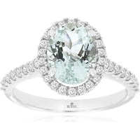 14K White Gold Oval Cut Aquamarine and Diamond Halo Ring - 1.47 Carat Aquamarine, 0.44 Carat Diamond Total Weight - Royal Jewelry