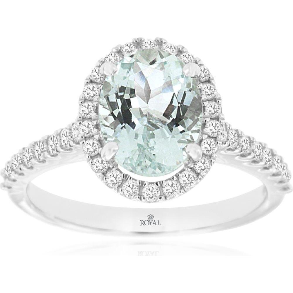14K White Gold Oval Cut Aquamarine and Diamond Halo Ring - 1.47 Carat Aquamarine, 0.44 Carat Diamond Total Weight - Royal Jewelry