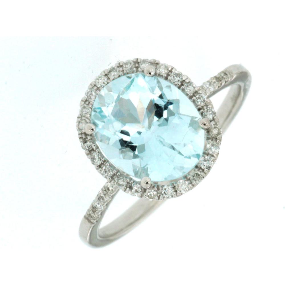 14K White Gold Oval Cut Aquamarine Halo Ring with Natural Diamonds - 2.00 Carat Aquamarine, 0.21 Carat Diamond Total Weight - Royal Jewelry