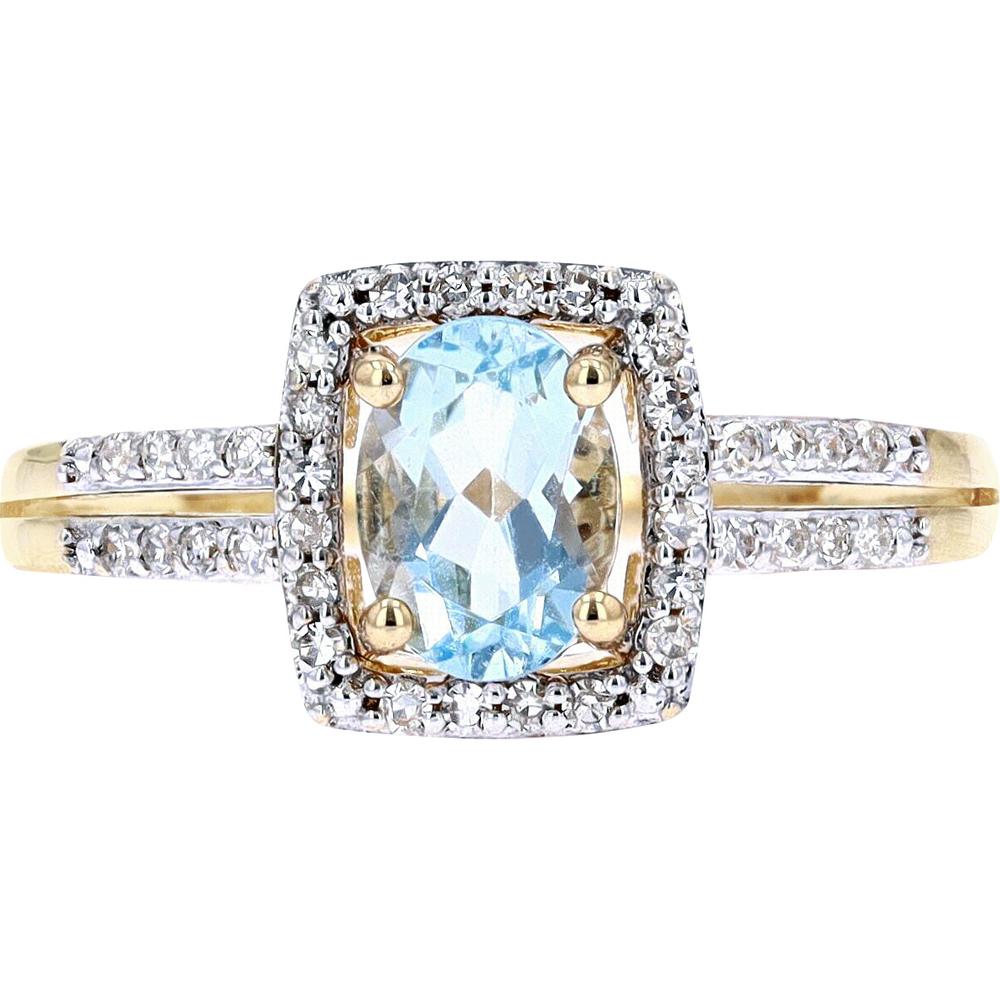 14K White Gold Oval-Cut Aquamarine Ring with Diamond Halo and Split Shank - 0.18 Carats Total Diamond Weight