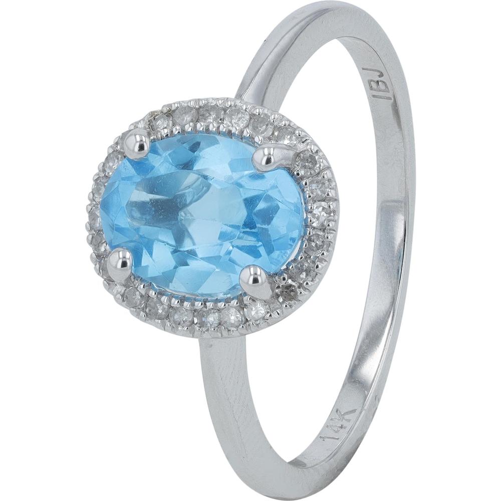 14K White Gold Oval-Cut Blue Topaz Halo Ring with 0.10 Carats Diamond Accents