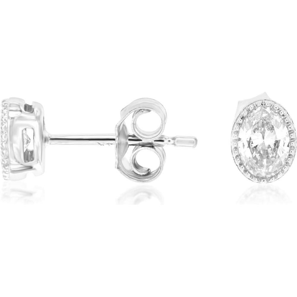 14K White Gold Oval Cut Diamond Earrings with Halo - 1.00 Carats Total Diamond Weight