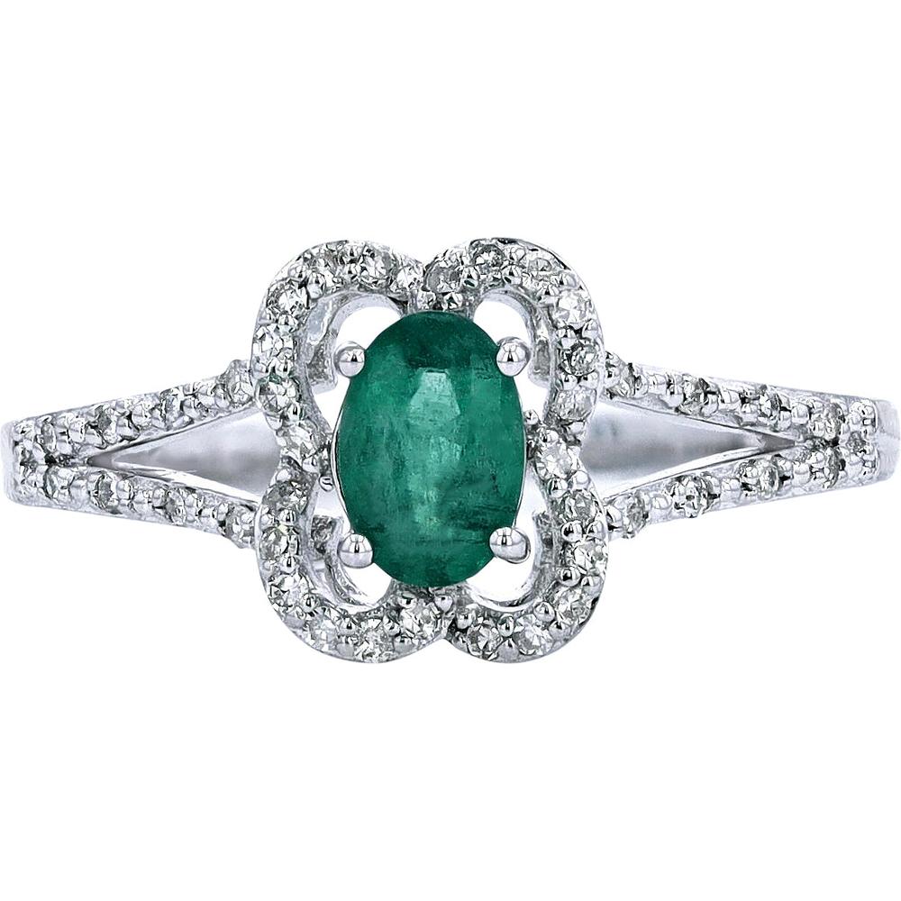 14K White Gold Oval-Cut Emerald and Diamond Halo Ring - 0.20 Carats Total Diamond Weight