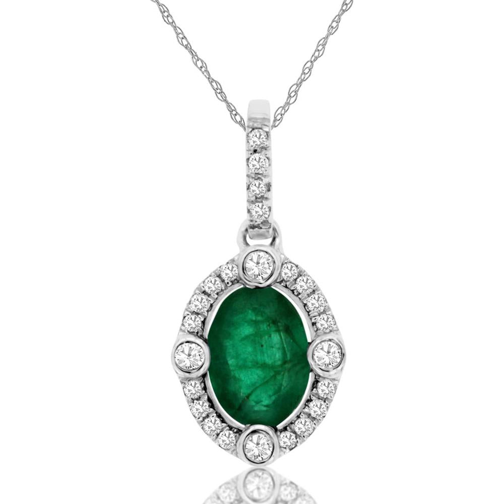 14K White Gold Oval Cut Emerald Pendant with Diamond Halo - 0.70 Carat Emerald and 0.14 Carat Diamond Total Weight - Royal Jewelry