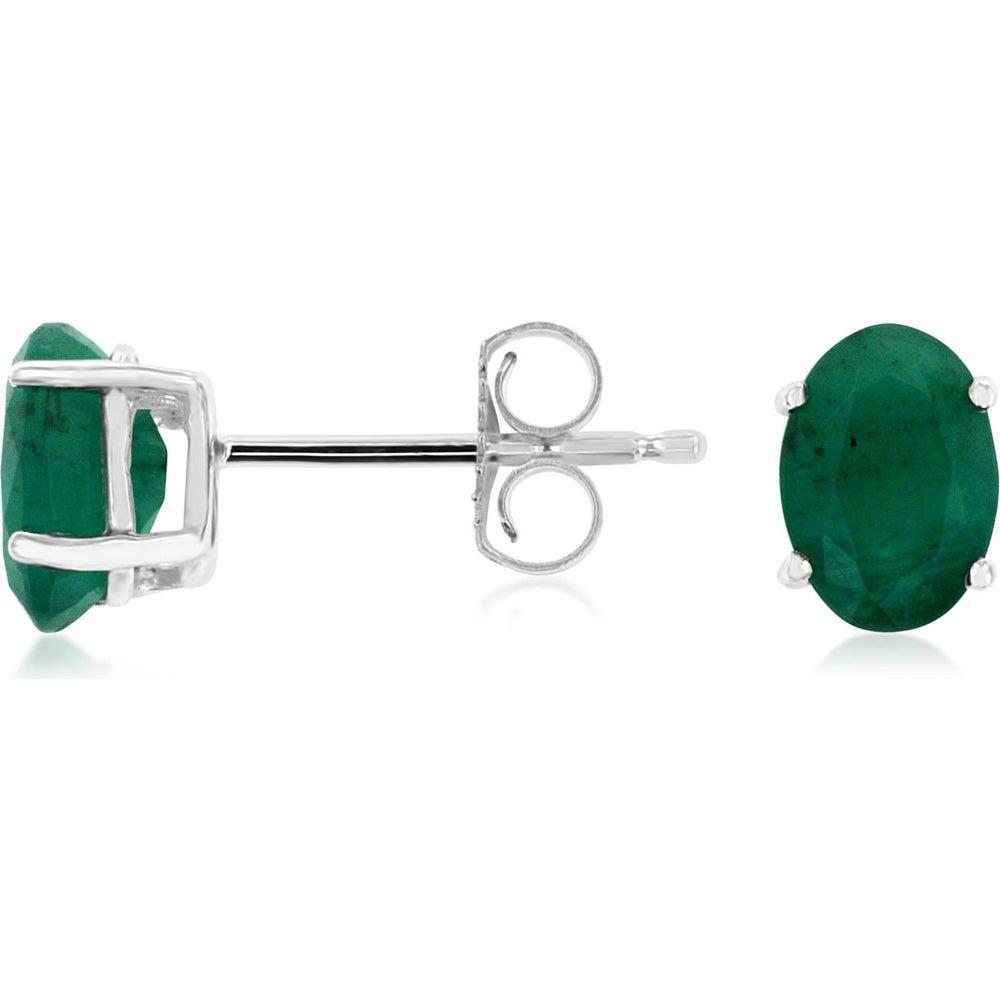 14K White Gold Oval-Cut Emerald Stud Earrings - 1.50 Carat Total Gem Weight with Four-Prong Basket Settings and Friction Butterfly Backs - Royal Jewelry
