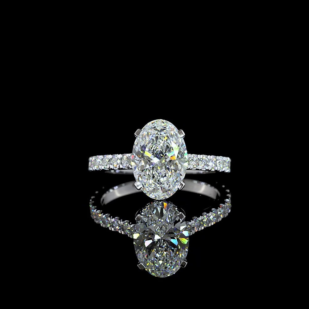 14K White Gold Oval Cut Hidden Halo Ring with 2.53 Carat Center Lab Diamond and Pavé Band - 3.3 Carat Total Diamond Weight - Covaloro Fine Jewelry