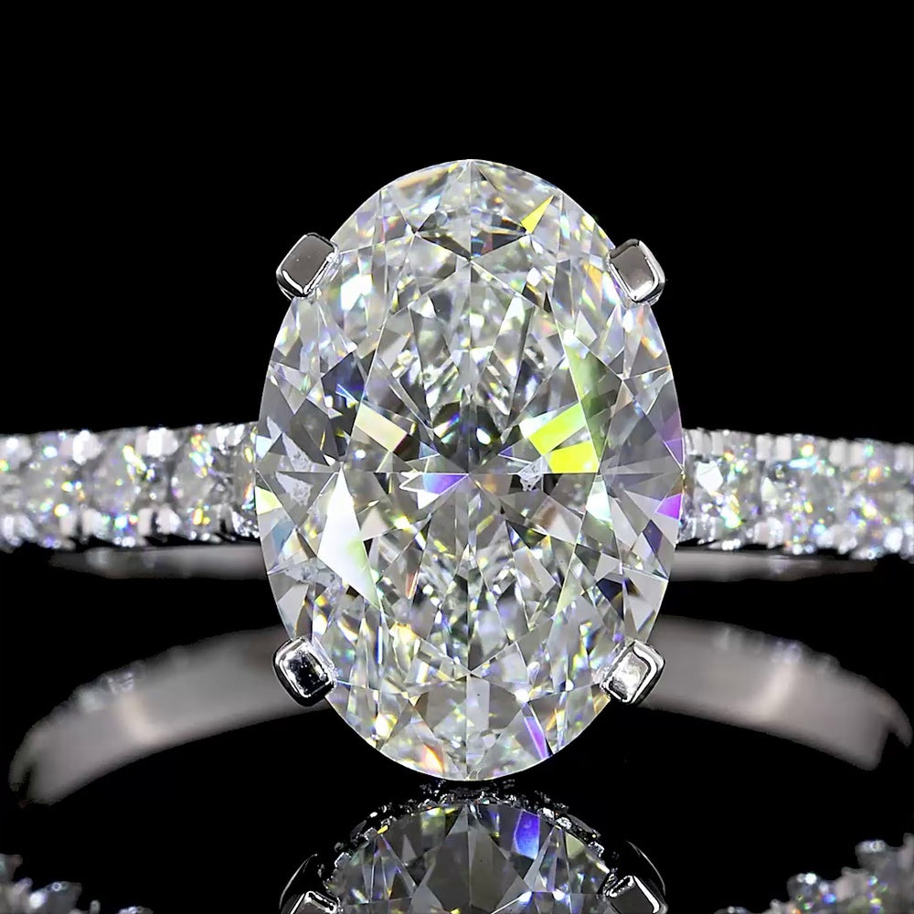 14K White Gold Oval Cut Hidden Halo Ring with 2.53 Carat Center Lab Diamond and Pavé Band - 3.3 Carat Total Diamond Weight - Covaloro Fine Jewelry