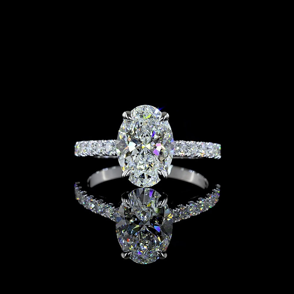 14K White Gold Oval Cut Hidden Halo Ring with Lab Diamonds - 2.54 Carats Center Stone and 3.06 Carats Total Diamond Weight - Covaloro Fine Jewelry