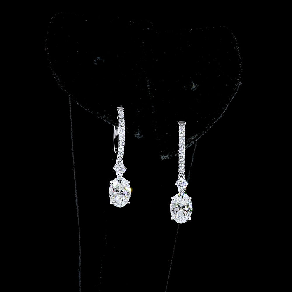 14K White Gold Oval Cut Lab Diamond Drop Earrings with Micro-Pavé Bar and East-West Setting - 1.88 Carats Total Diamond Weight - Covaloro Fine Jewelry