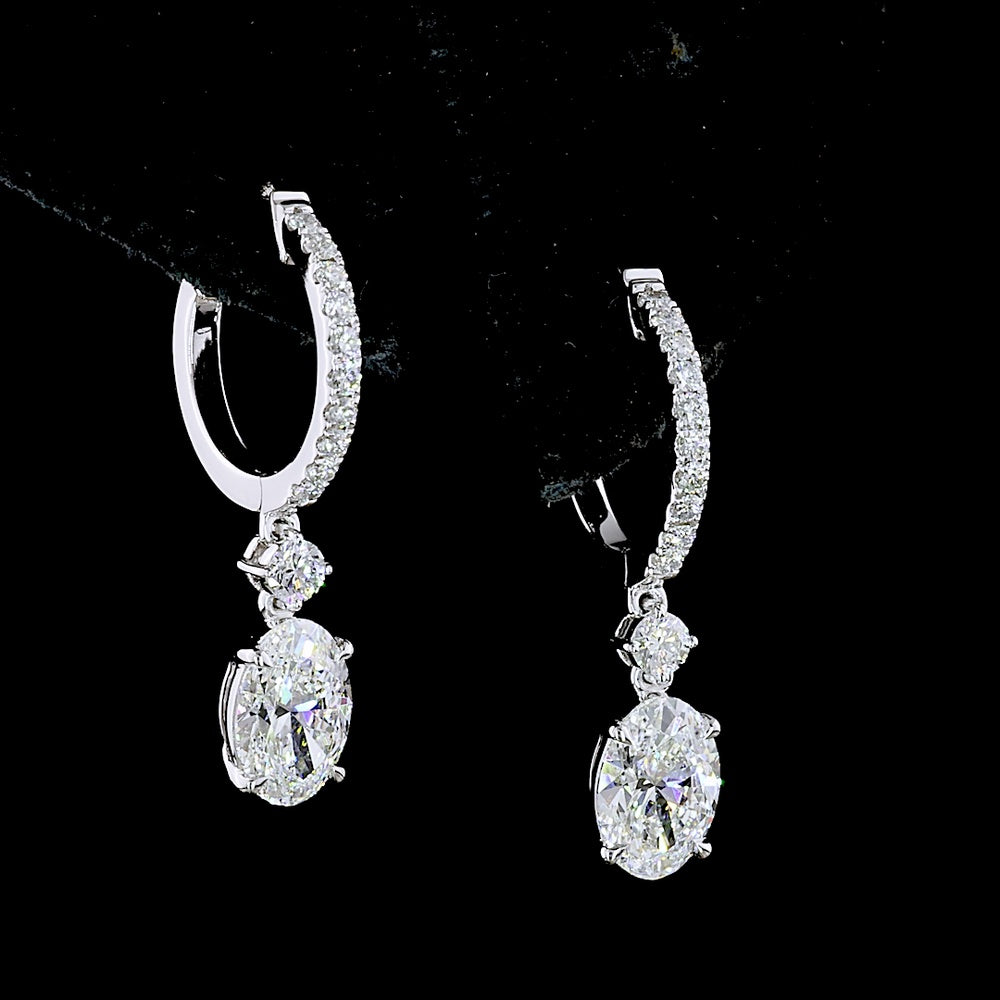 14K White Gold Oval Cut Lab Diamond Drop Earrings with Micro-Pavé Bar and East-West Setting - 1.88 Carats Total Diamond Weight - Covaloro Fine Jewelry