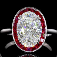 14K White Gold Oval Cut Lab Diamond Halo Ring with Ruby Border - 3.10 Carat D VVS2 Center Stone, IGI Certified - Covaloro Fine Jewelry