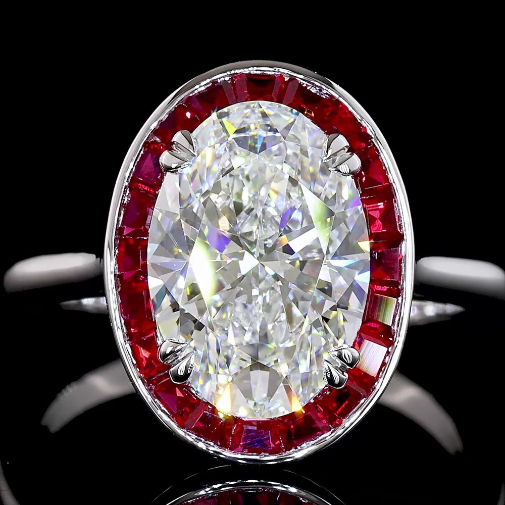 14K White Gold Oval Cut Lab Diamond Halo Ring with Ruby Border - 3.10 Carat D VVS2 Center Stone, IGI Certified - Covaloro Fine Jewelry