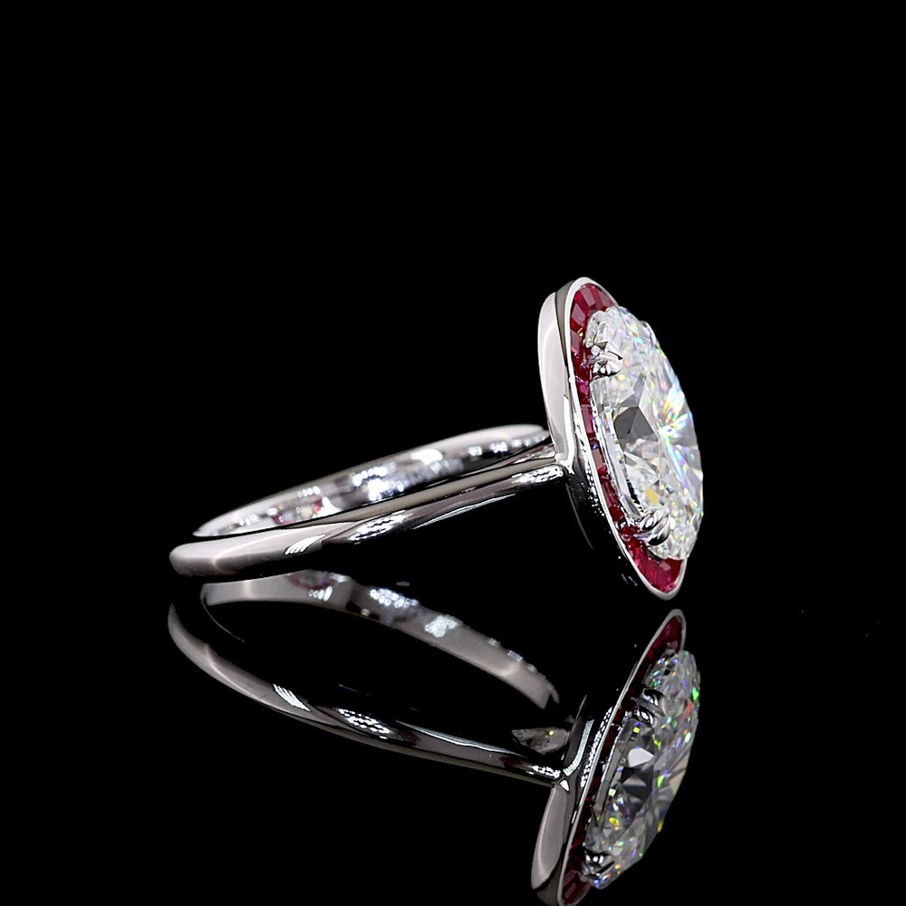 14K White Gold Oval Cut Lab Diamond Halo Ring with Ruby Border - 3.10 Carat D VVS2 Center Stone, IGI Certified - Covaloro Fine Jewelry