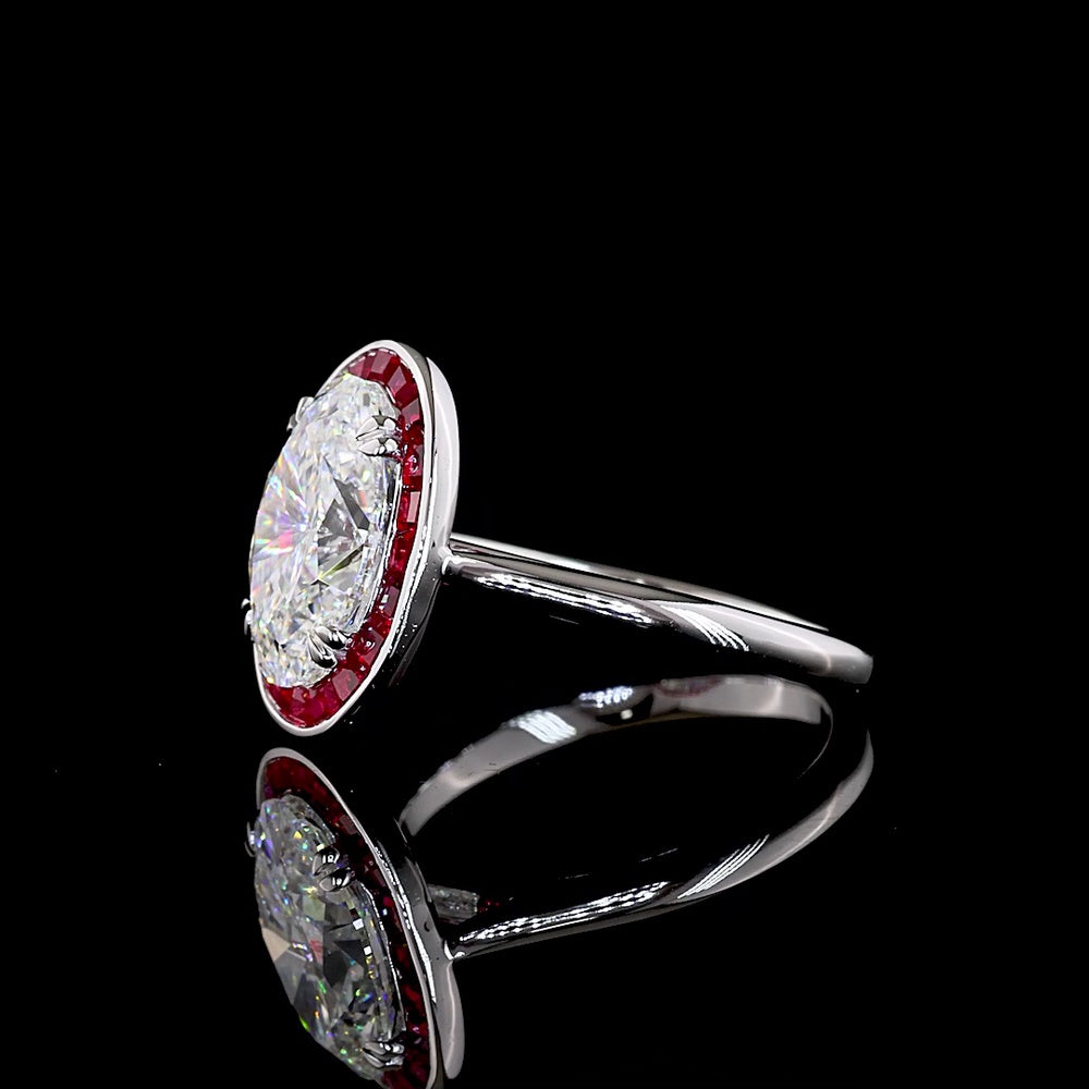 14K White Gold Oval Cut Lab Diamond Halo Ring with Ruby Border - 3.10 Carat D VVS2 Center Stone, IGI Certified - Covaloro Fine Jewelry