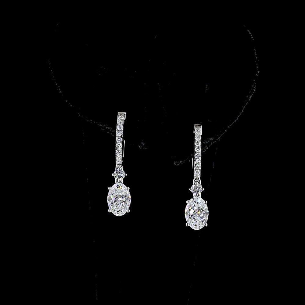 14K White Gold Oval Cut Lab Diamond Hanging Drop Earrings - 1.93 Total Carat Weight with Pavé Hoop Bar - Covaloro Fine Jewelry