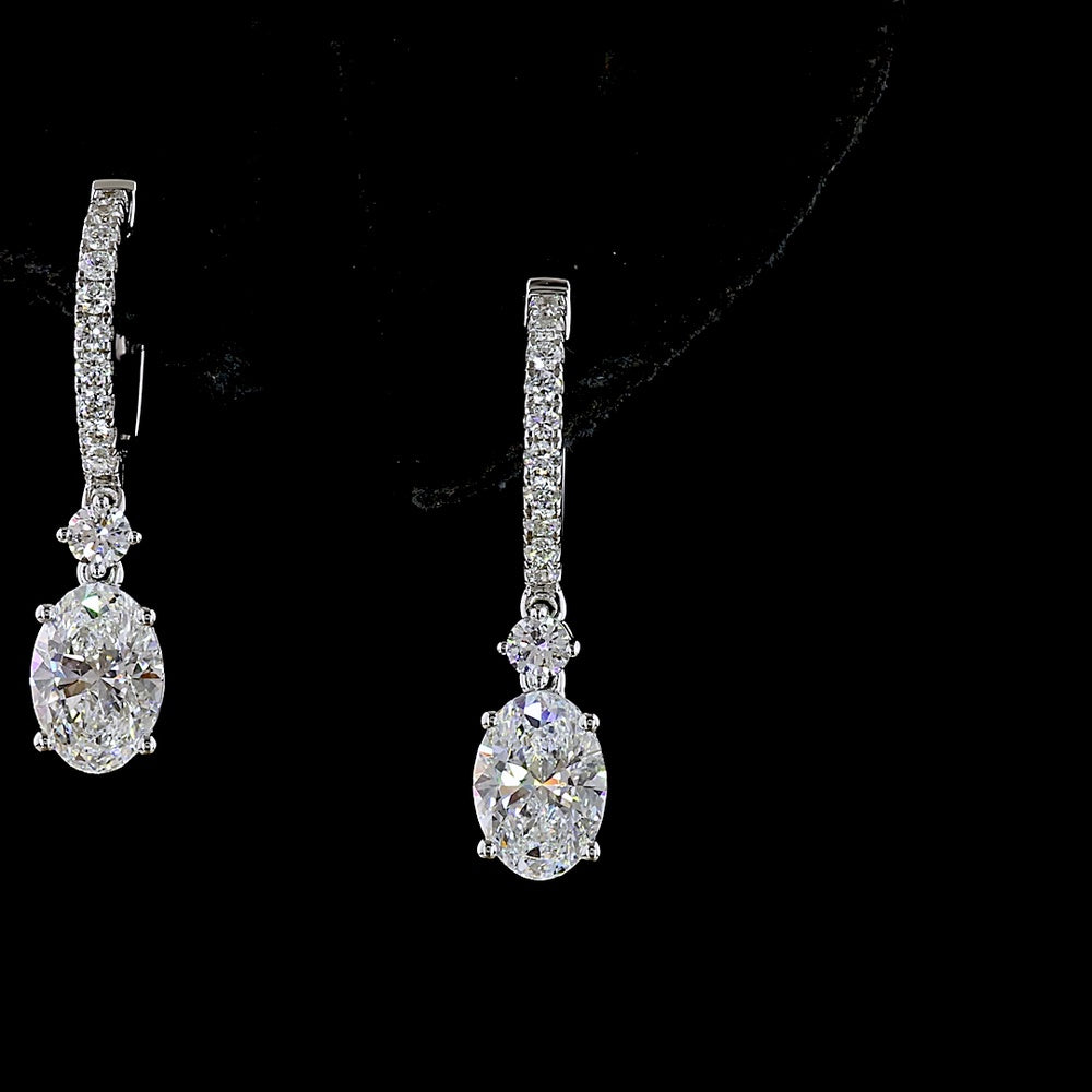 14K White Gold Oval Cut Lab Diamond Hanging Drop Earrings - 1.93 Total Carat Weight with Pavé Hoop Bar - Covaloro Fine Jewelry