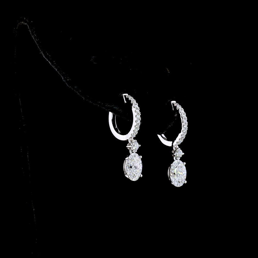 14K White Gold Oval Cut Lab Diamond Hanging Drop Earrings - 1.93 Total Carat Weight with Pavé Hoop Bar - Covaloro Fine Jewelry