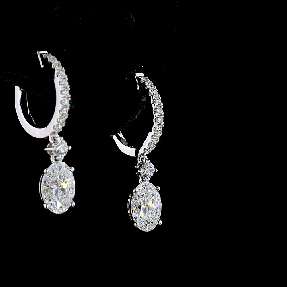 14K White Gold Oval Cut Lab Diamond Hanging Drop Earrings - 1.93 Total Carat Weight with Pavé Hoop Bar - Covaloro Fine Jewelry
