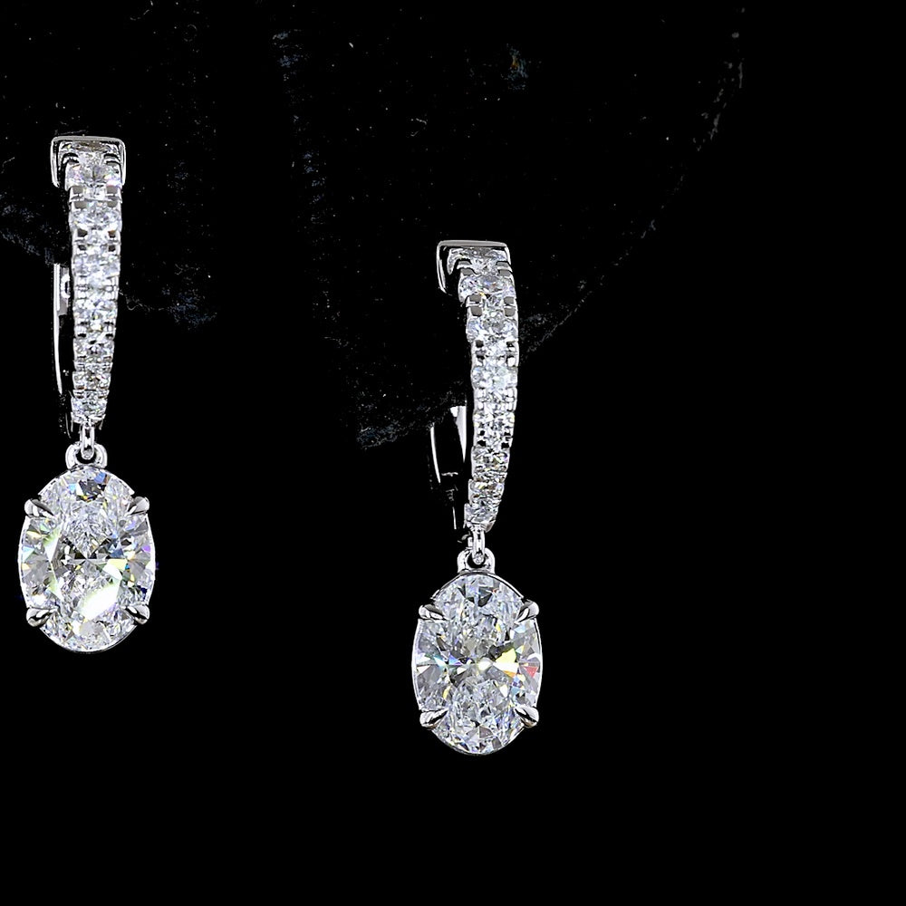 14K White Gold Oval Cut Lab Diamond Hanging Drop Earrings - 2.58 Carat Total Diamond Weight (E-F VS1) - Covaloro Fine Jewelry