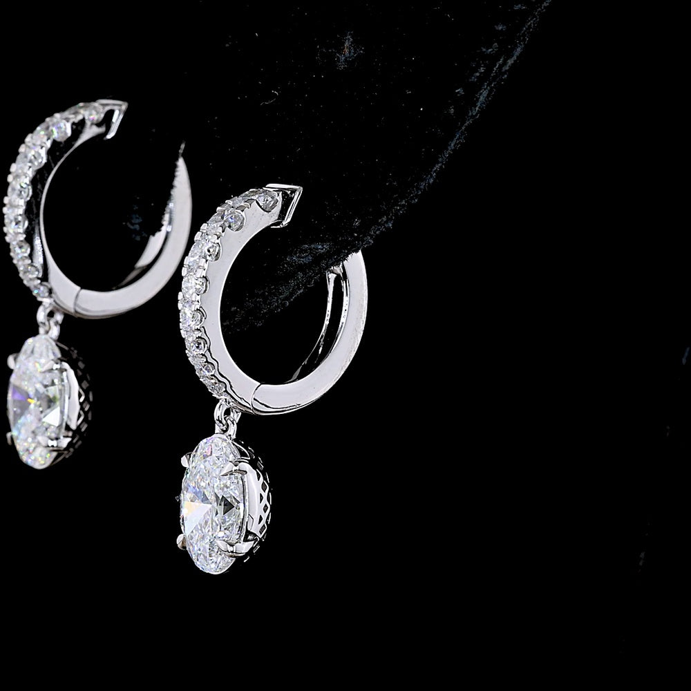 14K White Gold Oval Cut Lab Diamond Hanging Drop Earrings - 2.58 Carat Total Diamond Weight (E-F VS1) - Covaloro Fine Jewelry
