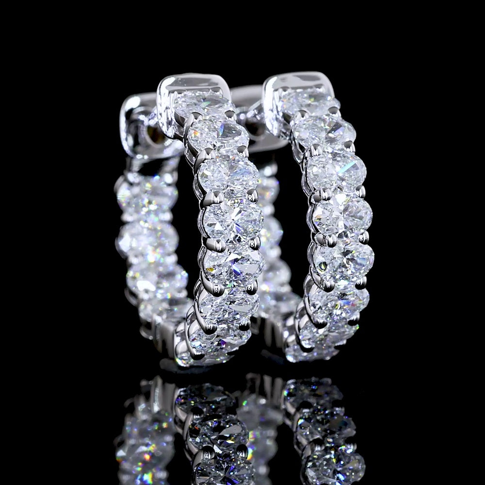 14K White Gold Oval Cut Lab Diamond Huggie Earrings - 1.29 Total Carat Weight, E-F VS Quality, 24 Stones in Prong Setting - Covaloro Fine Jewelry