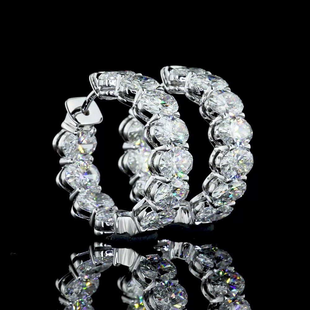 14K White Gold Oval Cut Lab Diamond Huggie Earrings - 6.20 Carat Total Weight, 22 Stones, E-F VS2 Quality - Covaloro Fine Jewelry